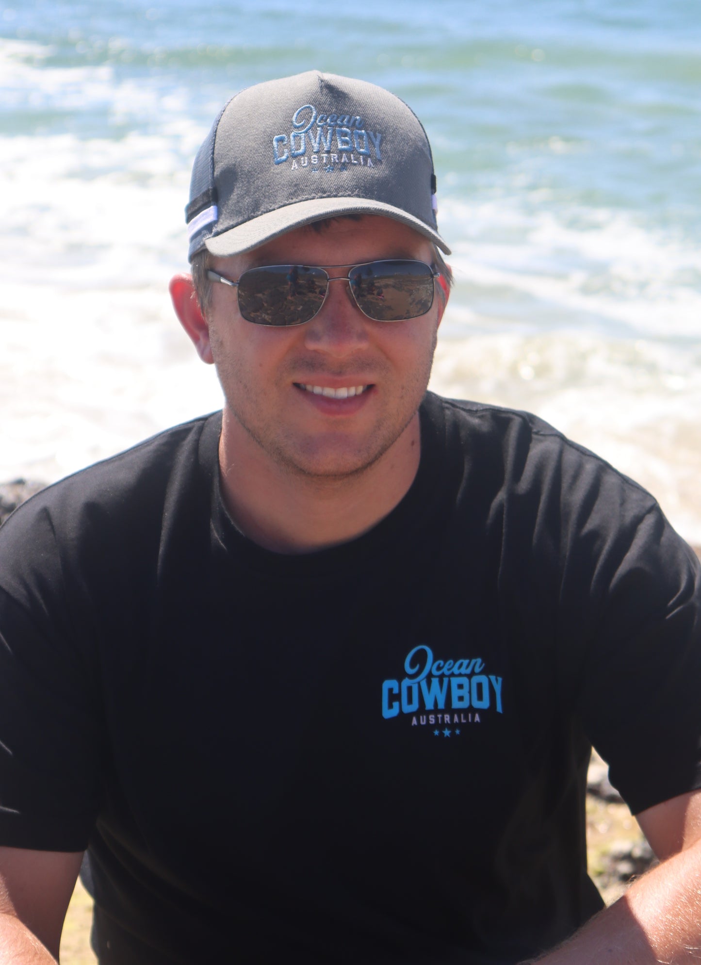 Ocean Cowboy Black Tee - Blue Logo