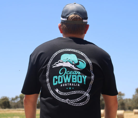 Ocean Cowboy Black Tee - Teal Logo