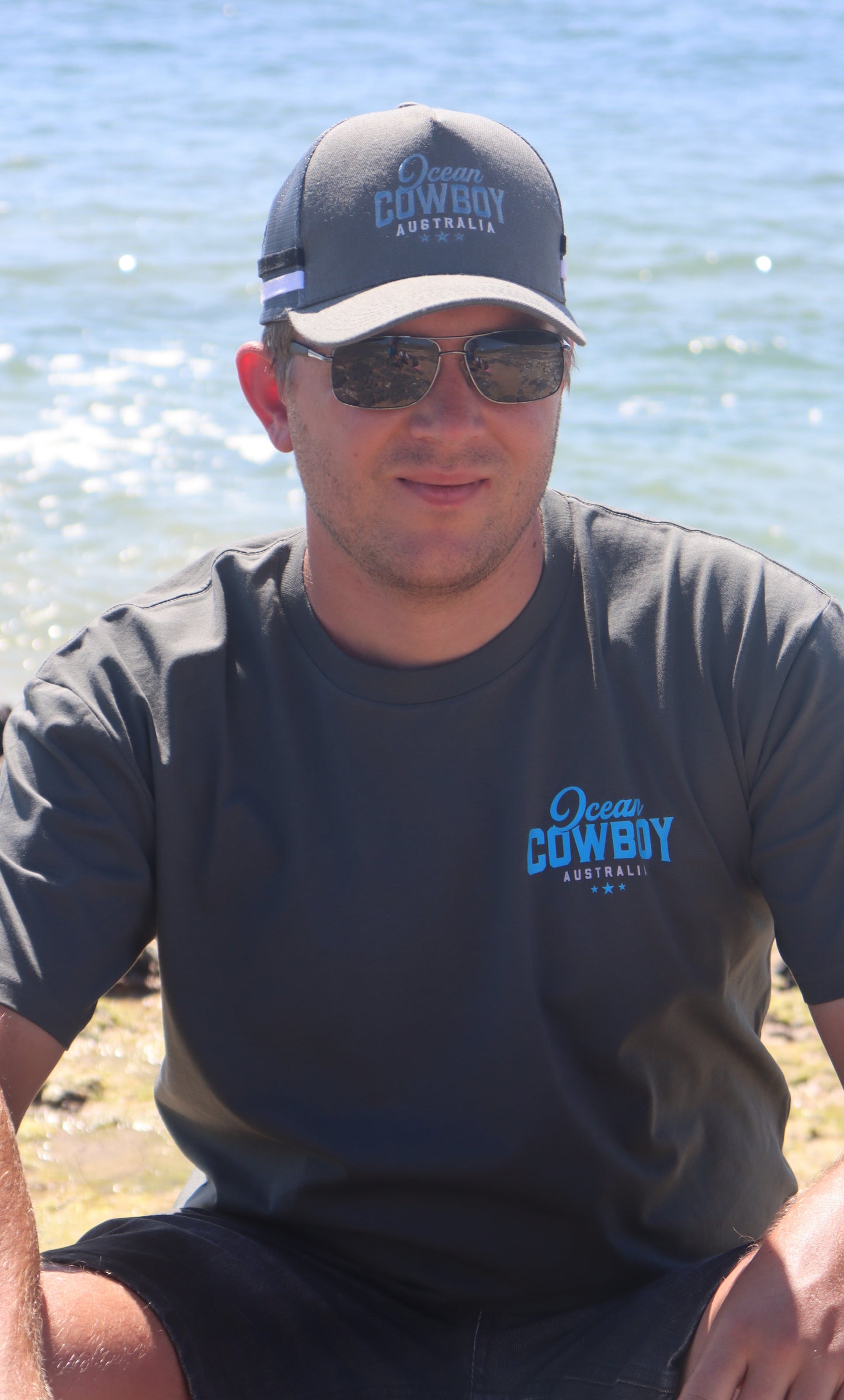 Ocean Cowboy Charcoal Tee - Blue Logo
