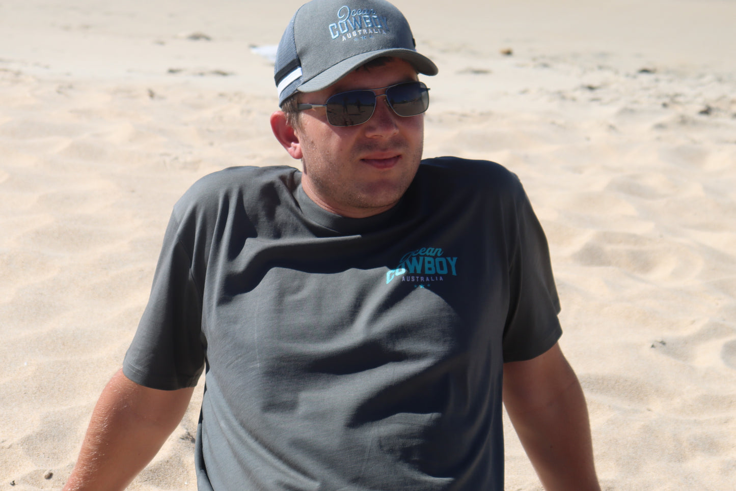 Ocean Cowboy Charcoal Tee - Teal Logo