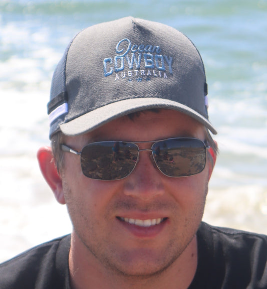 Ocean Cowboy - Grey Trucker Cap - Blue Text Logo