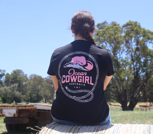 Ocean Cowgirl Black Tee - Pink Logo