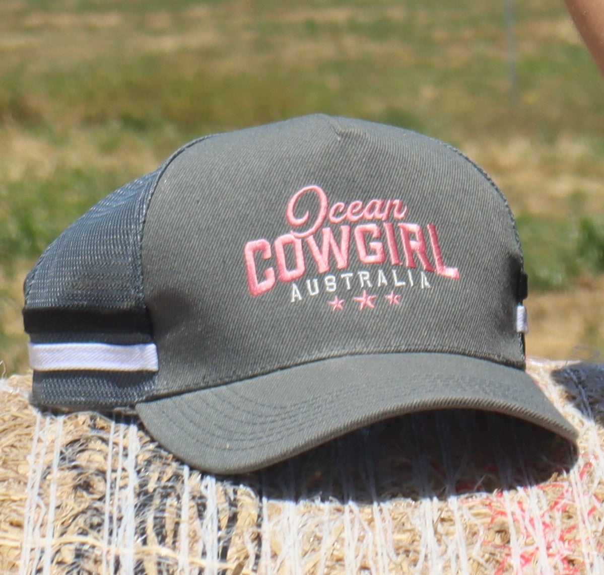 Ocean Cowgirl - Grey Trucker Cap - Pink Text Logo