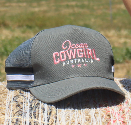 Ocean Cowgirl - Grey Trucker Cap - Pink Text Logo