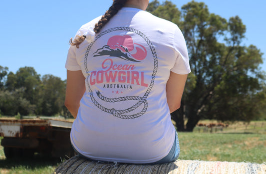 Ocean Cowgirl White Tee - Pink Logo