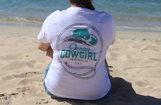 Ocean Cowgirl White Tee - Teal Logo