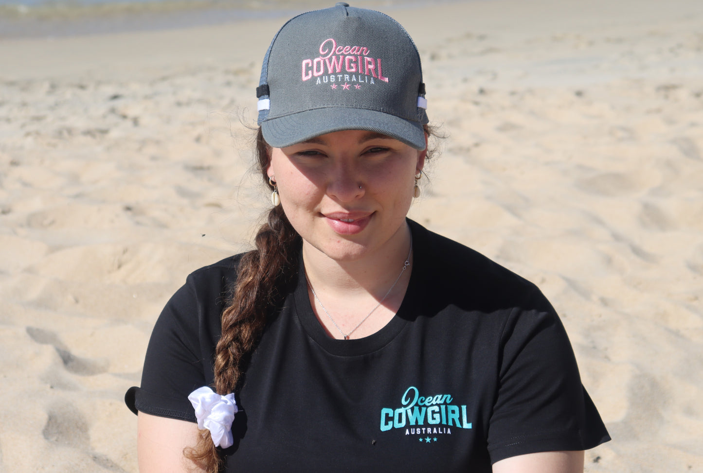 Ocean Cowgirl Black Tee - Teal Logo