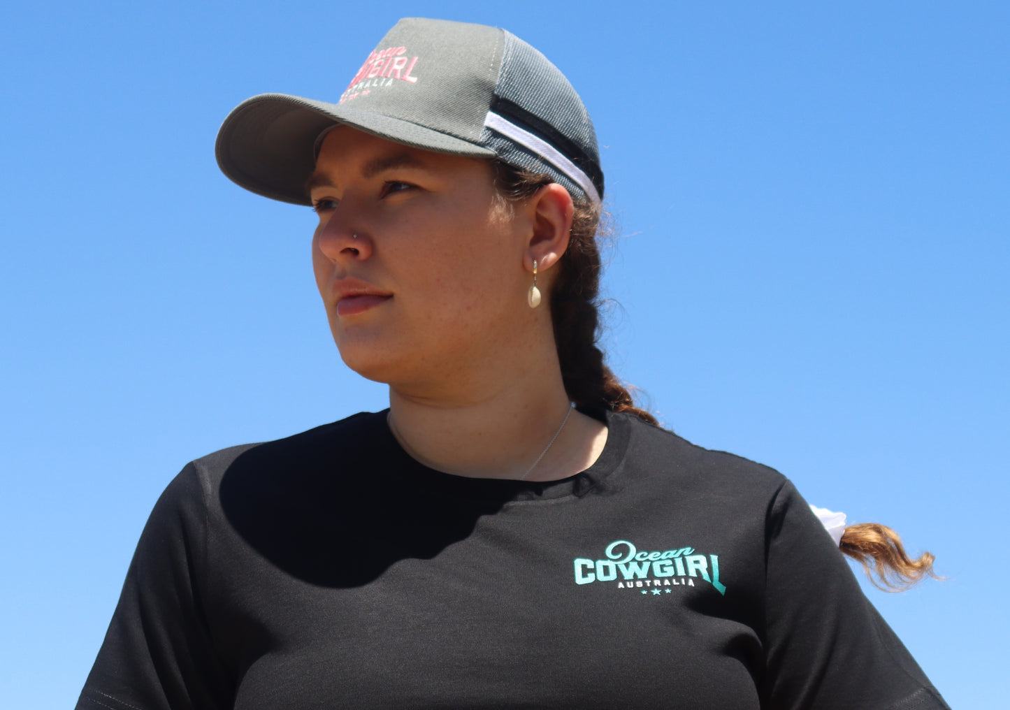 Ocean Cowgirl Black Tee - Teal Logo