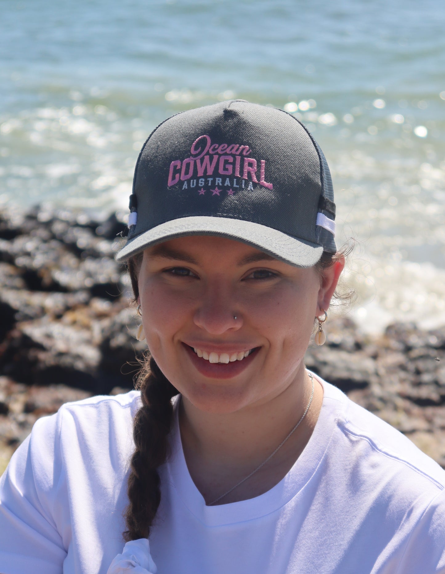 Ocean Cowgirl - Grey Trucker Cap - Pink Text Logo