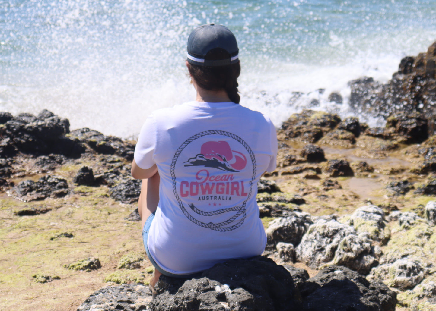 Ocean Cowgirl White Tee - Pink Logo