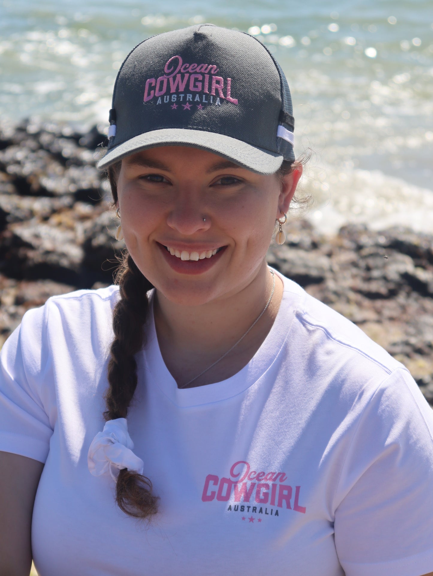 Ocean Cowgirl White Tee - Pink Logo