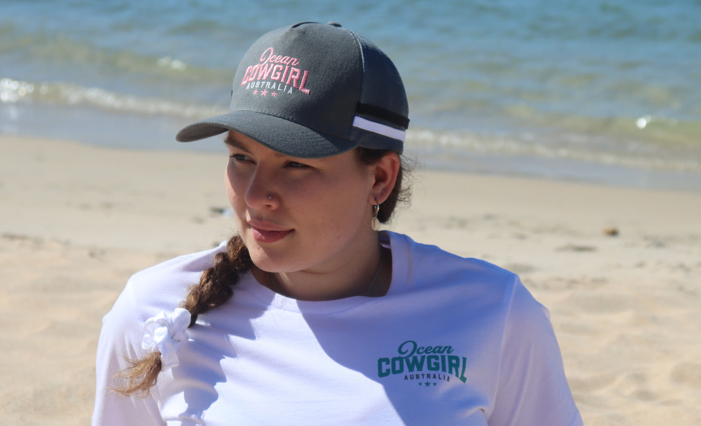 Ocean Cowgirl White Tee - Teal Logo