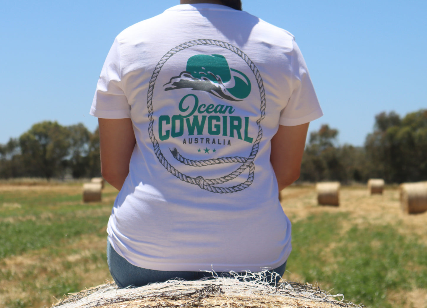 Ocean Cowgirl White Tee - Teal Logo