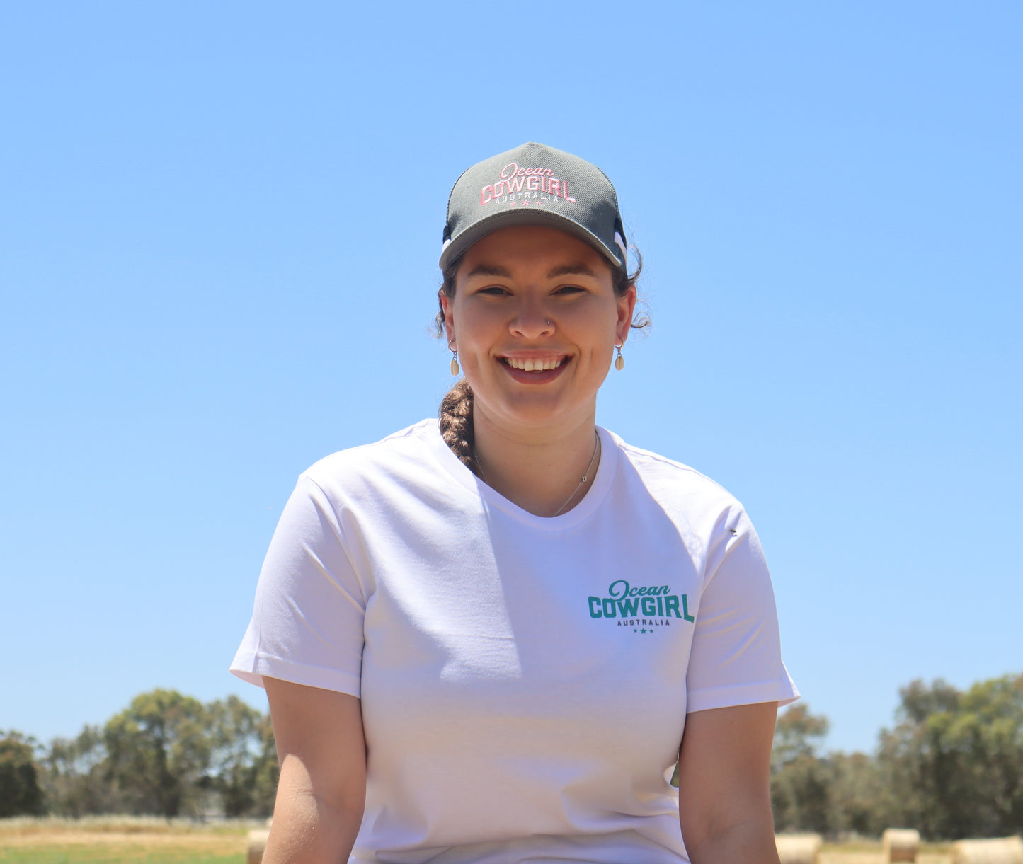 Ocean Cowgirl White Tee - Teal Logo