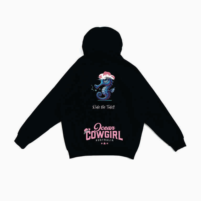 Black Hoodie (Girls) - Seahorse Design (Pink, Teal or White)