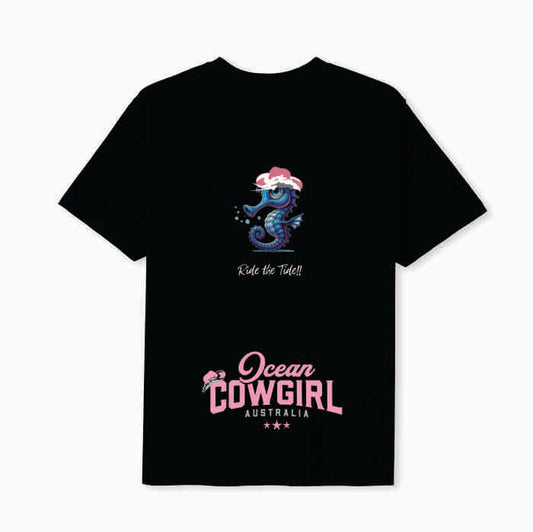Black Tee (Girls) - Seahorse Design (Pink, Teal or White)