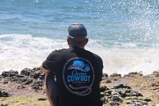 Ocean Cowboy Black Tee - Blue Logo