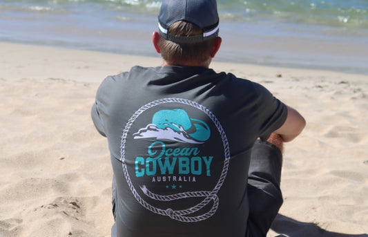 Ocean Cowboy Charcoal Tee - Teal Logo