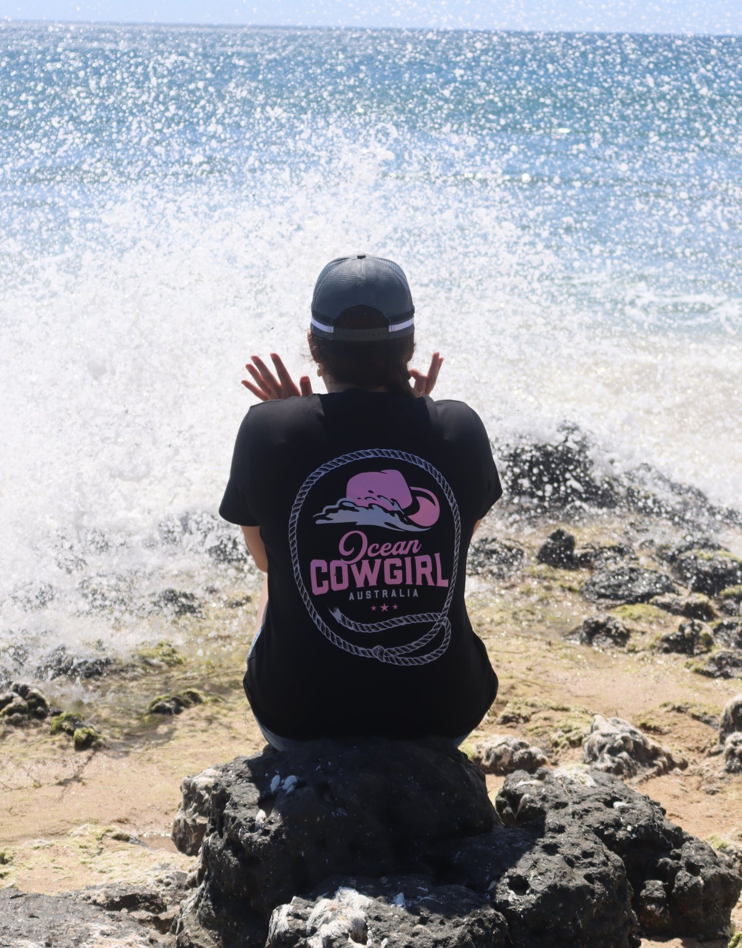 Ocean Cowgirl Black Tee - Pink Logo