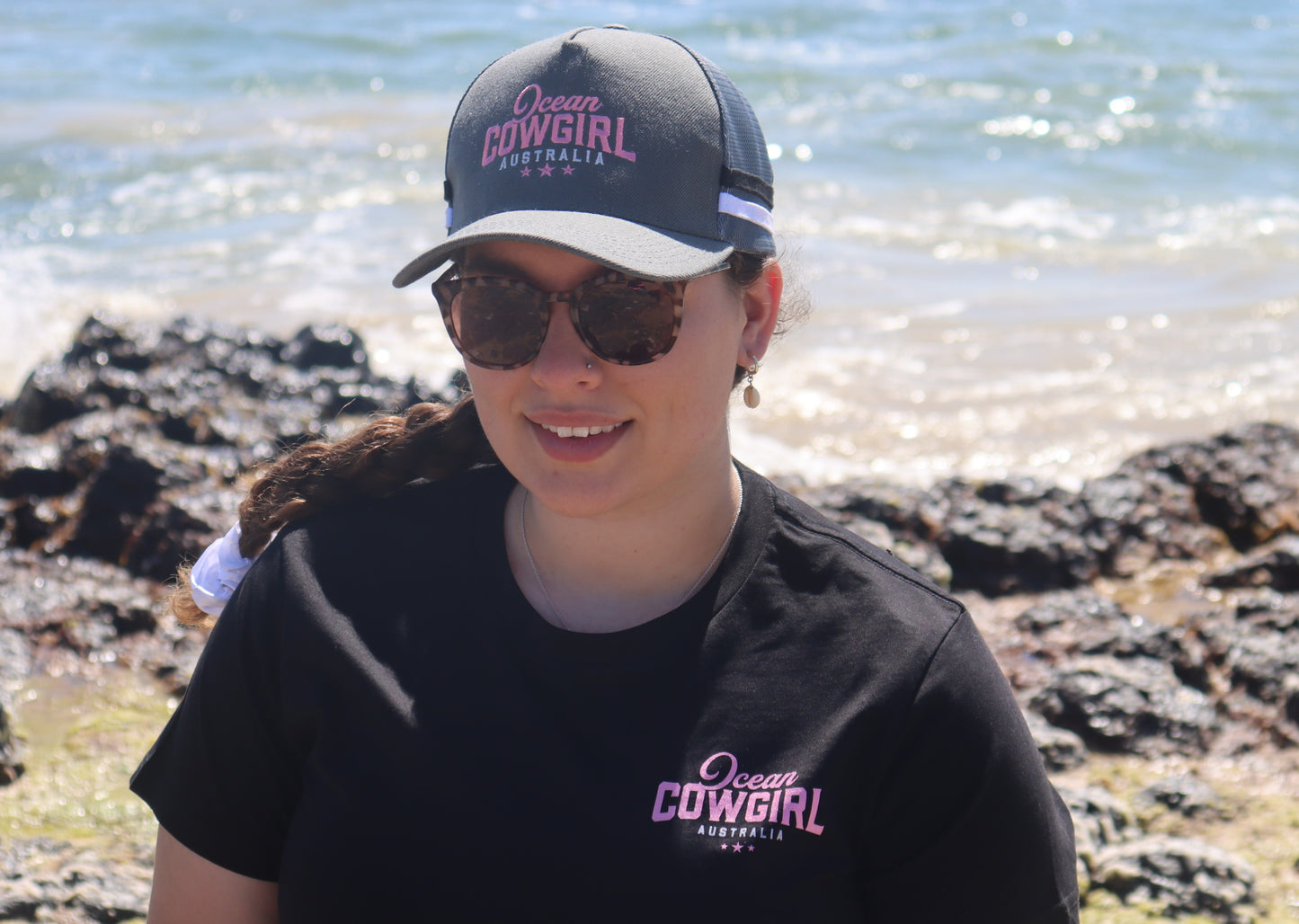 Ocean Cowgirl Black Tee - Pink Logo