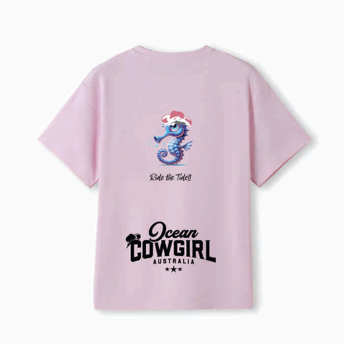 Pink Tee (Girls) - Seahorse Design (Black or White)