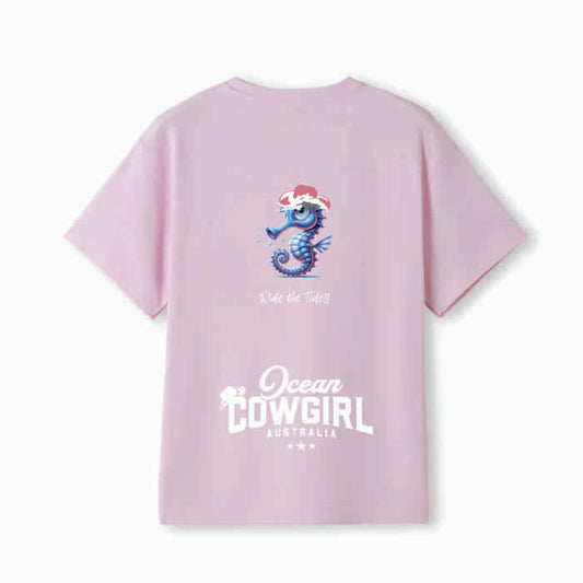 Pink Tee (Girls) - Seahorse Design (Black or White)